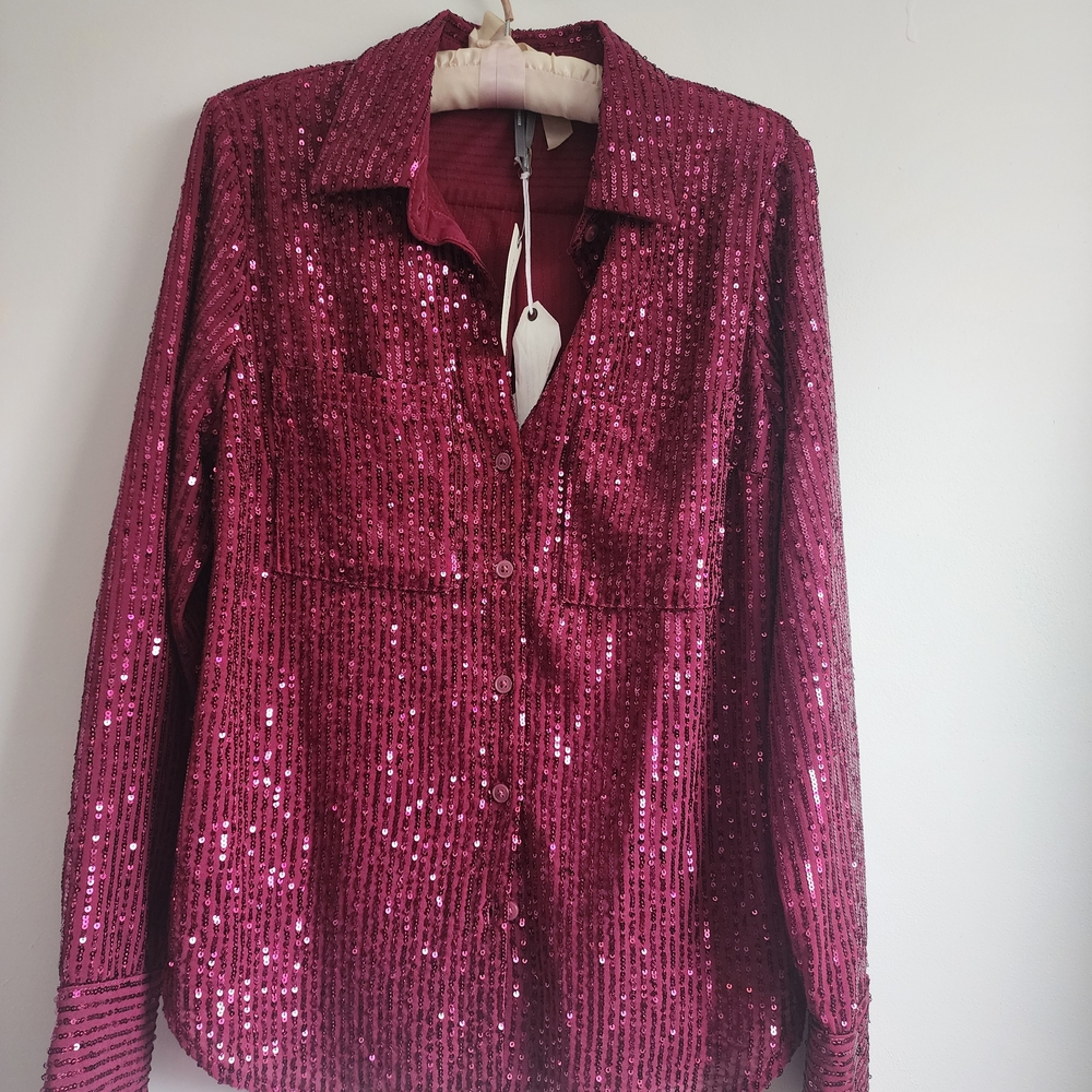 Anthropologie Fuschia Sequin Button-Down Shirt